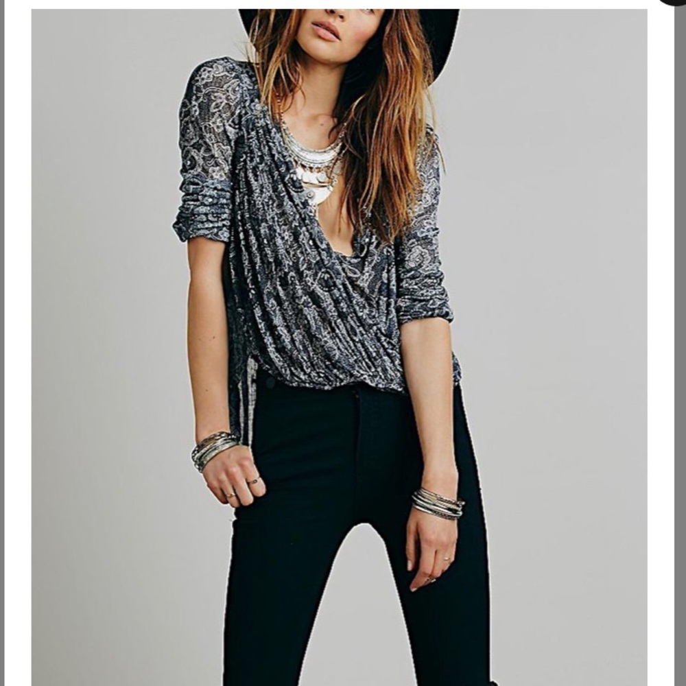 Free People High Low Off White/Black Blouse Size M